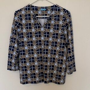 J. McLaughlin Navy and Gold Patterned Blouse